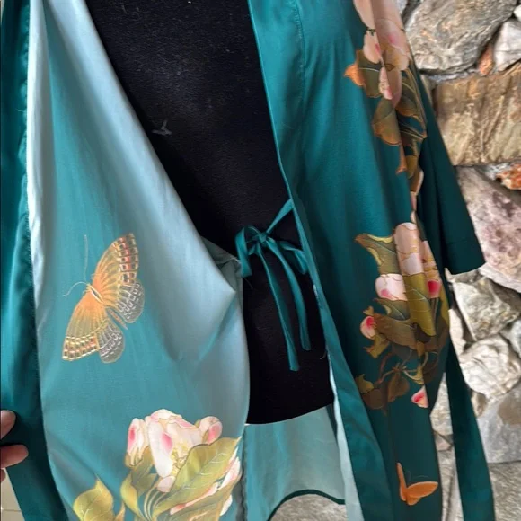 Kim + Ono Peony Butterfly Short Antique Teal Robe Kimono
